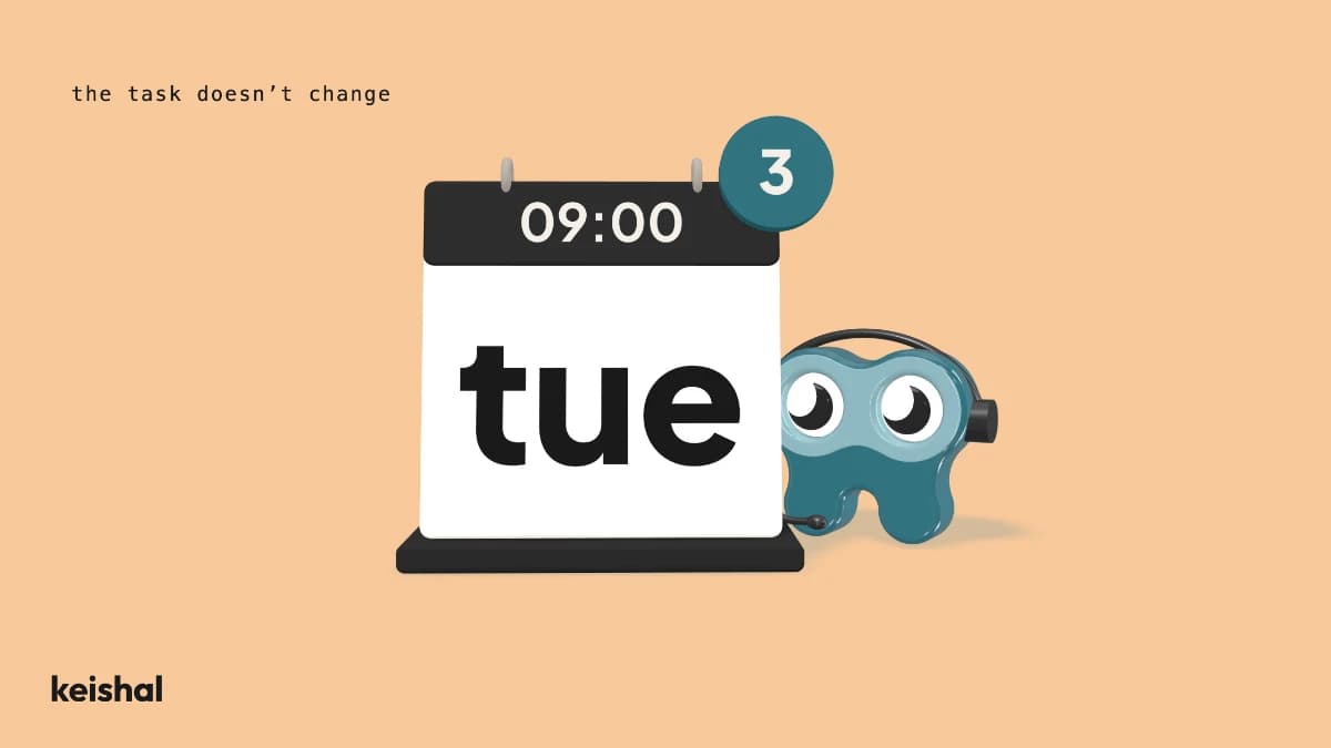 Un calendario de mesa del martes a las 09:00 con 3 avisos y la mascota de Keishal con auriculares: lo que hace hoy la IA en una clínica dental